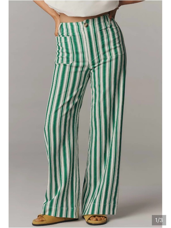 Maeve Pants - Maeve Green & White Vertical-Stripe Wide-Leg Pants
